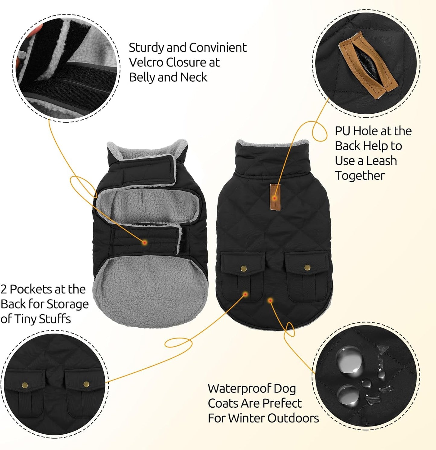 Queenmore Dog Winter Coat Warm Puffer Jacket Waterproof Plush Lining Thermal Cold Weather Vest for Small Medium Large Dogs, Windproof Easy On Pet Jacket Black M