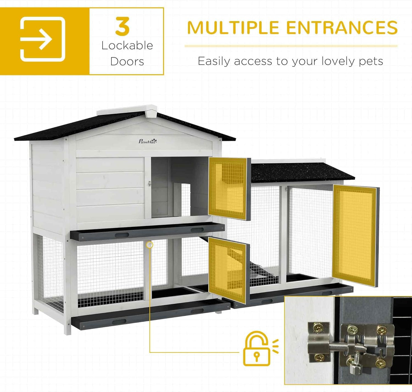 PawHut 62" Rabbit Hutch, Wooden Bunny Hutch, Guinea Pig Cage, Small Animal Enclosure with Run Area, Removable Tray, Asphalt Roof, Lockable Doors and Ramp, for Rabbits, Chickens, Ducks, White