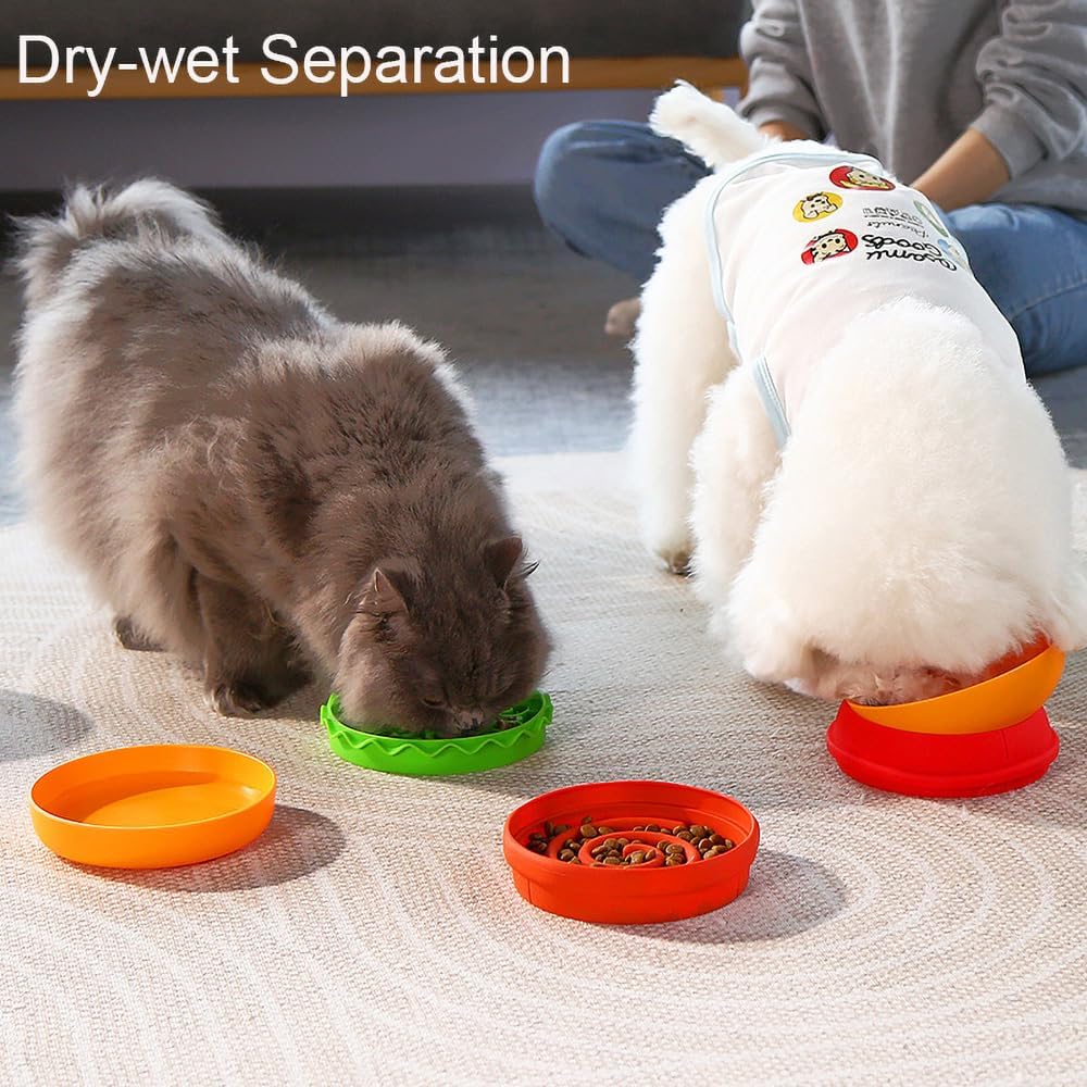 Multiple Use Pet Feeding Set, Cute Hamburger-Shaped, 5 Stackable Bowls for Small Dogs and Cats, Anti-Choking Slow Food Feeder, Raised Bowls, Travel Cat Bowls