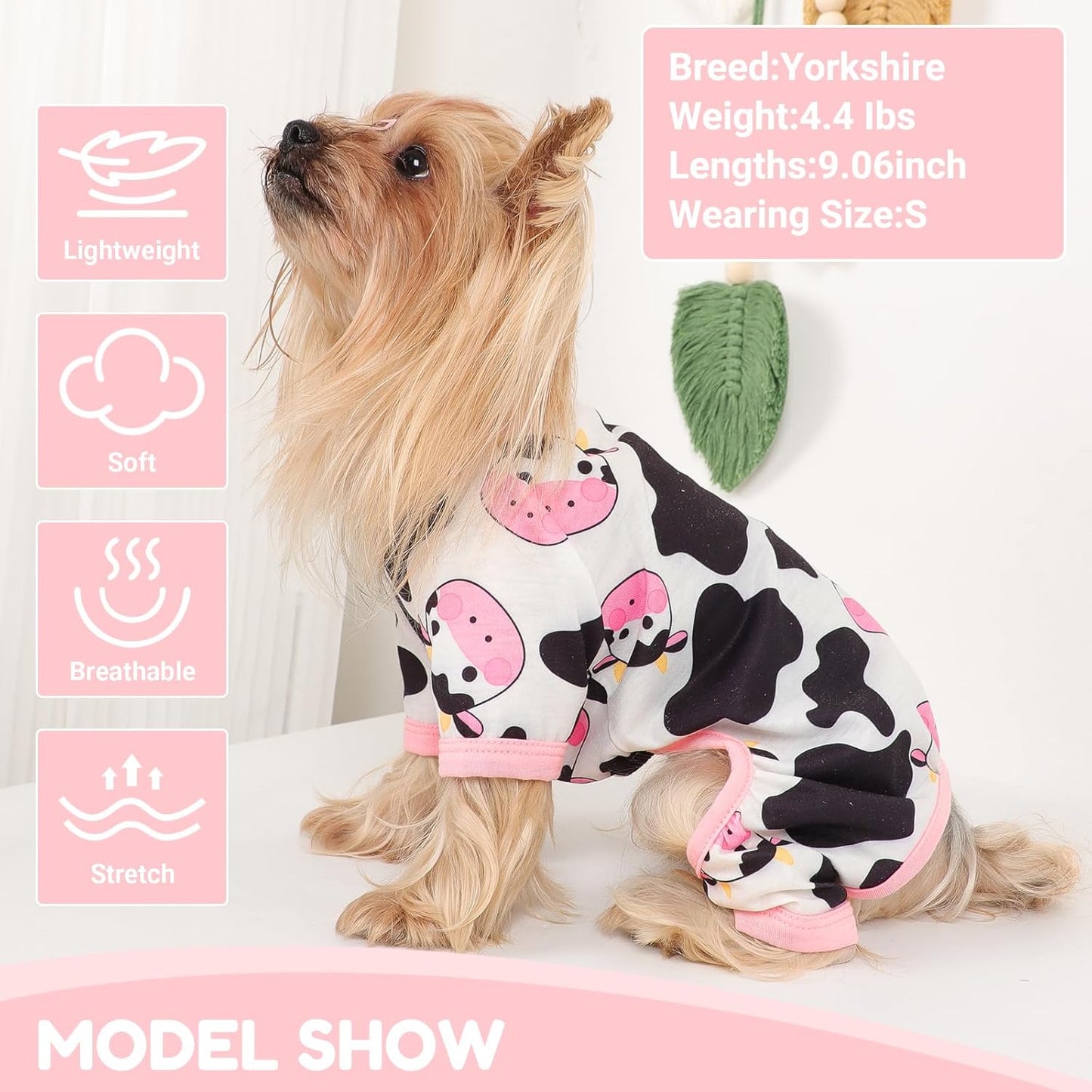 Dog Pajamas Small Sized Dogs Stretchable Summer Dog Clothes Pjs 4 Legs Girl Boy Cute Soft Puppy Outfits Doggie Cat Jammies Jumpsuit Sleeper for Pet, Pink Cow, M