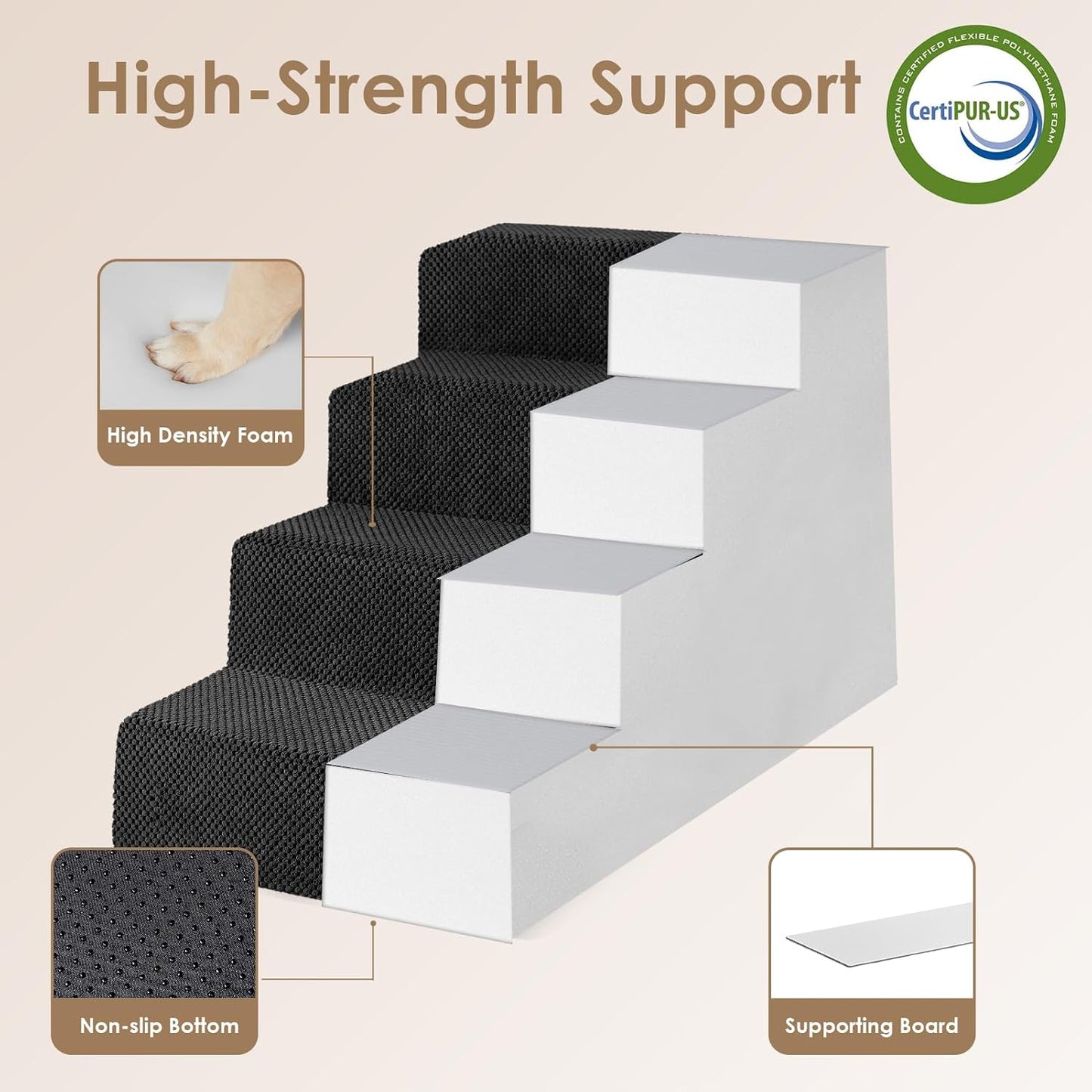 EHEYCIGA Dog Stairs for Bed 20" H, 4-Step Extra Wide Dog Steps for High Bed, Pet Steps for Small Dogs and Cats, Non-Slip Balanced Pet Ramp Indoor, Black