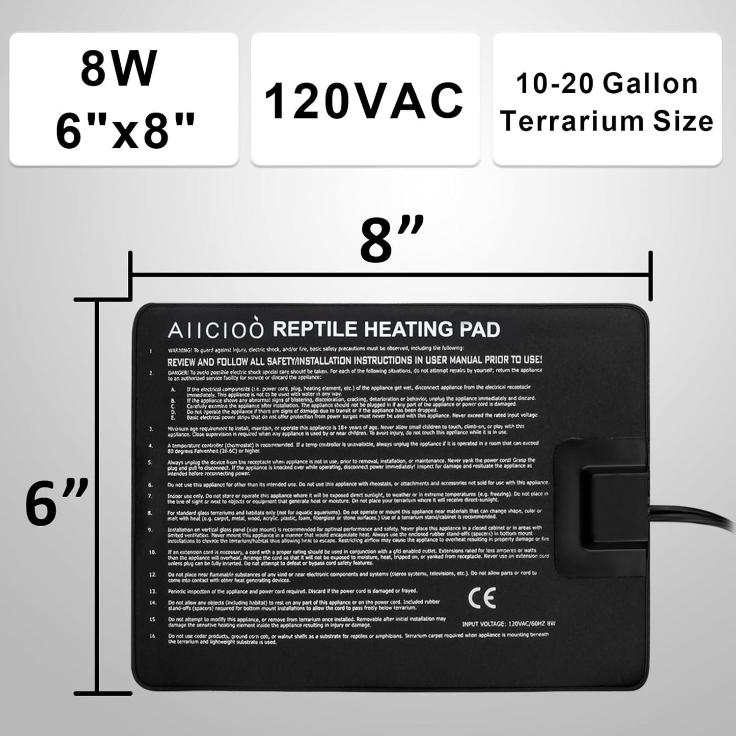 Aiicioo Reptile Heating Pad - Hermit Crab Heater Heat Mat for Reptiles Snake Lizard Terrarium 8 Watt