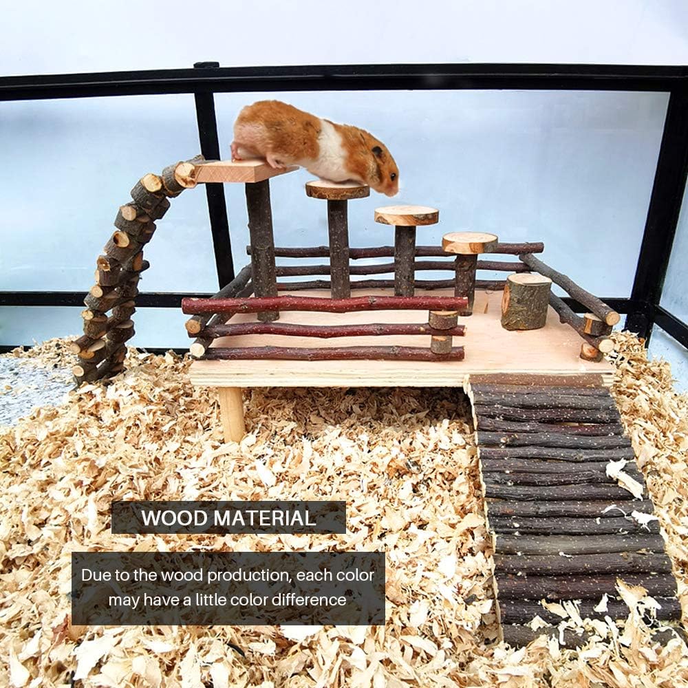 HOSUKKO Hamster Climbing Toys Wooden Hamster Playing Activity Set, Hamster Activity Playground Climb Platform Apple Wood Chewing Toys for Hamster Small Pets (D-Playground with Large Bridge)