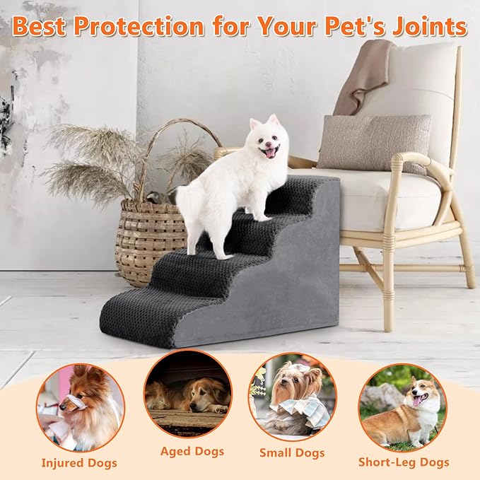 MIHIKK Dog Stairs Ramp, Curved 4-Step Dog Steps for Small Dogs and Cats, Pet Stairs for High Beds and Couch with Anti-Slip Washable Cover and Durable High Density Foam, Dark Grey