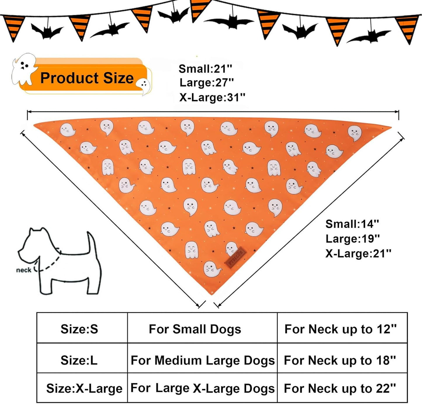 PTDECOR Halloween Dog Bandana, Cute Ghost Pumpkin Design Reversible Holiday Pet Scarf, Adjustable Orange Yellow Halloween Bandanas for Small Dogs Puppies Cats(Small)