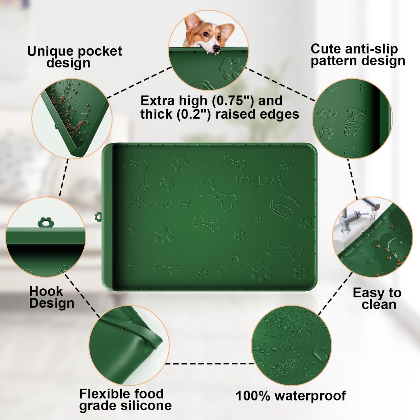 Dog Food Mat - Silicone Dog Mat for Food and Water - 36" x 24" Large Pet Feeding Mats with Residue Collection Pocket - Waterproof Dog Cat Bowl Mat with High Edges to Prevent Water Food Spills (Green)