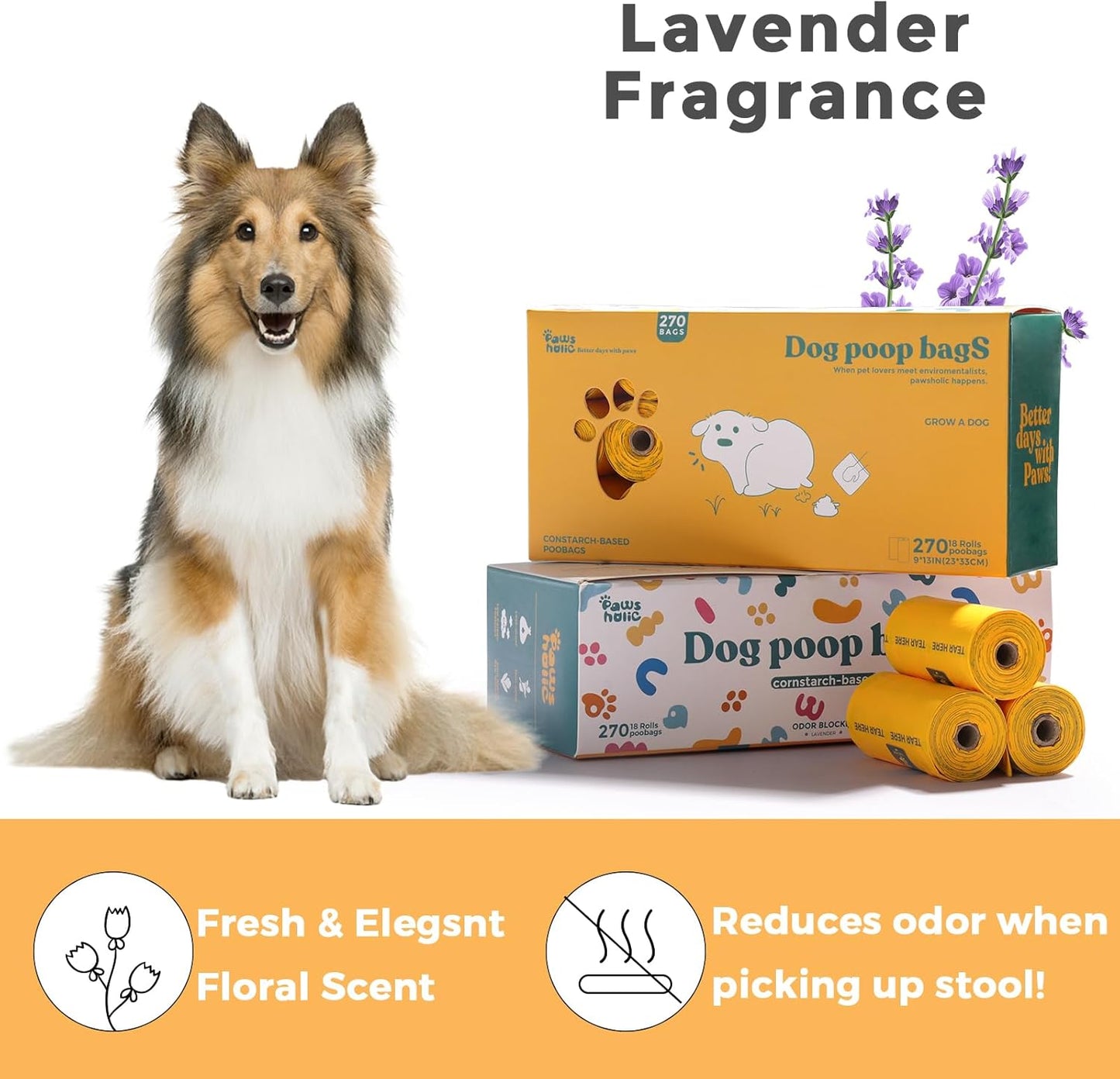 Dog Poop Bags Rolls Biodegradable 100% Leak Proof Dog Waste Bags -270 Count 18 Rolls - Cornstarch Based Doggie Poop Bag for puppy and Big Dogs(Lavender)