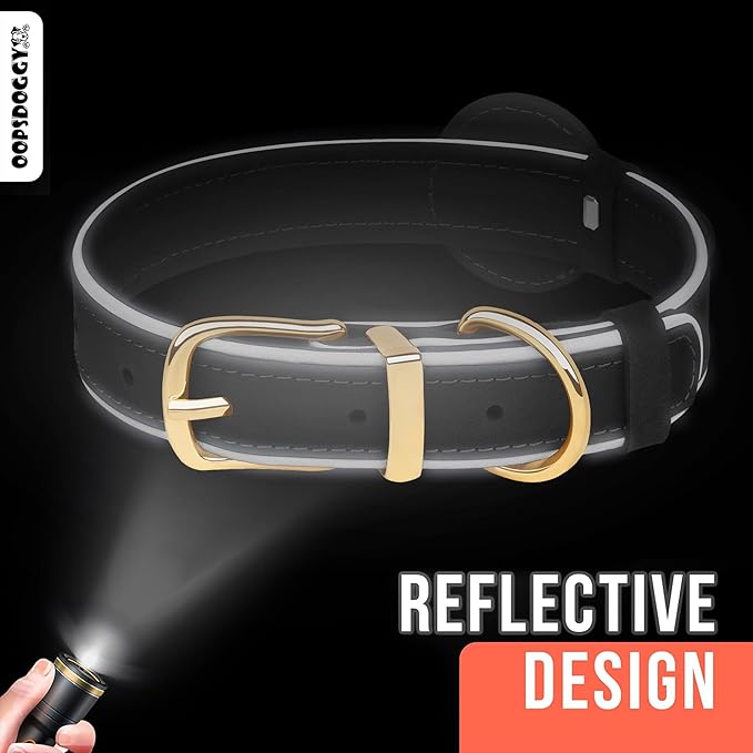 OOPSDOGGY Reflective Geniune Leather Airtag Dog Collar Soft Padded Collars for Small Medium Large Breed Dogs Puppy, 4 Sizes, 7 Colors (Black, Large, 15"-19")