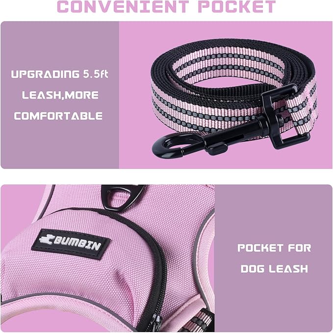 BUMBIN Dog Harness for Large Dogs, No Pull Adjustable No Choke Pet Vest with Dog Leash Fit Smart Reflective Pet Walking Harness for Training Easy Control Soft Handle Pink S