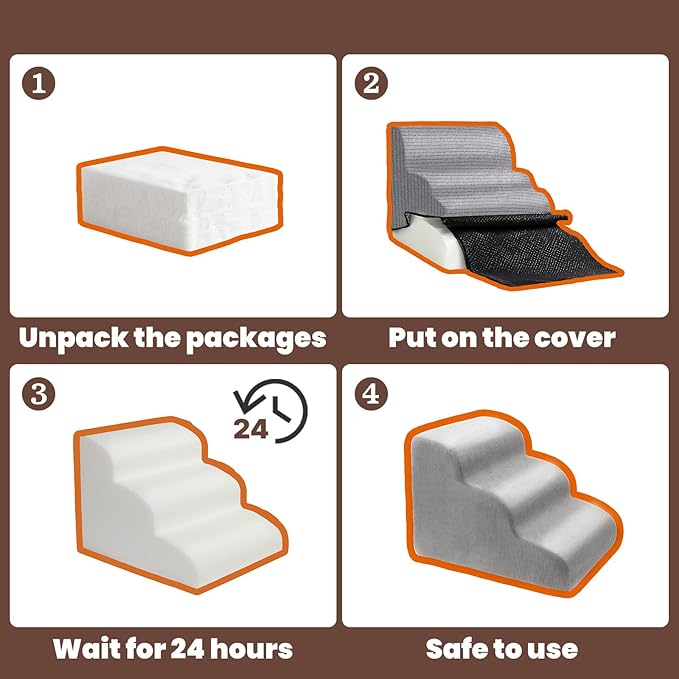 MEWANG Dog Stairs for Small & Medium Dogs and Old Cats –3/4/ 5 Steps High-Density Foam Pet Ramp for Bed & Couch, Non-Slip, Washable Cover, Grey (Round Corner, 3 Steps: 17.95''×14.96''×13.70'', 2)