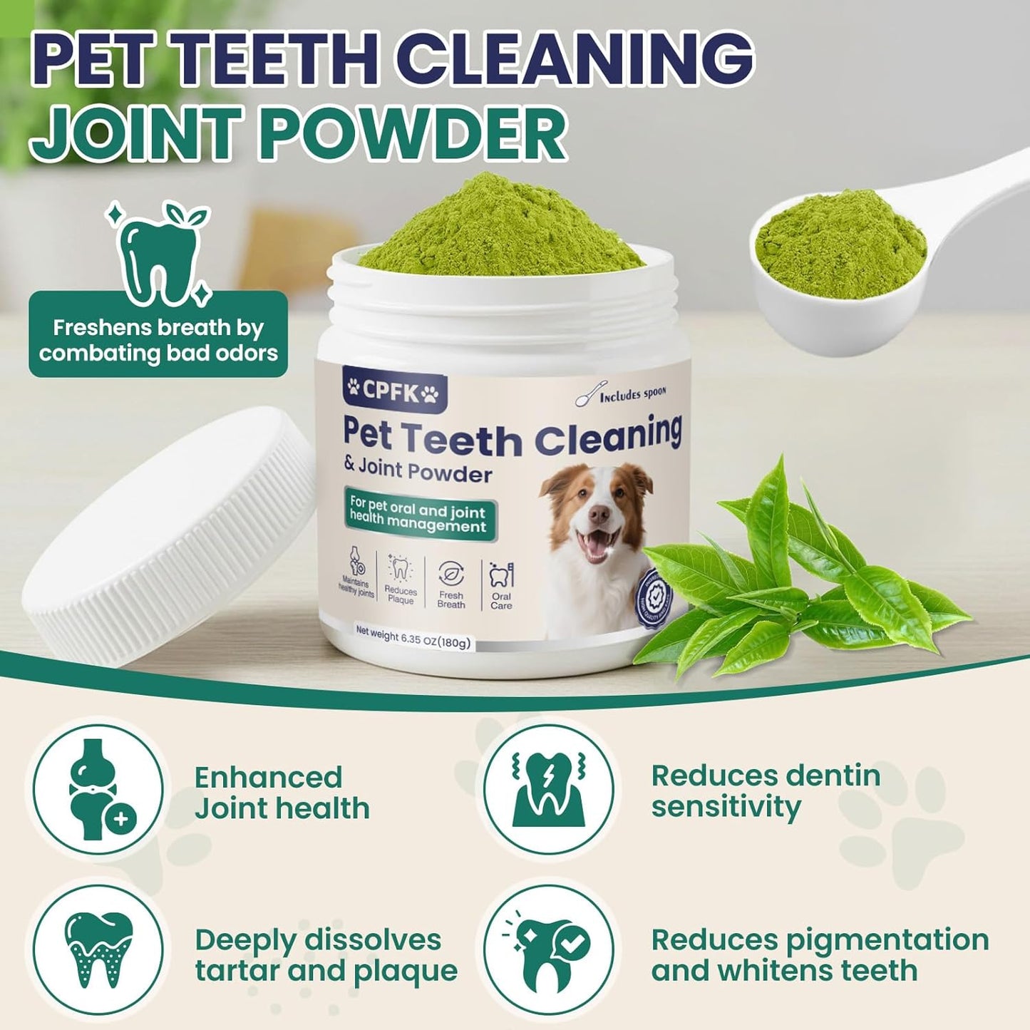 Dental Cleaning Joint Powder for Dogs - 6.35OZ Dog Dental Cleaning Powder with Probiotics to Lighten Bad Breath and Control Plaque Tartar Supports Dog Dental Care and Joint Health