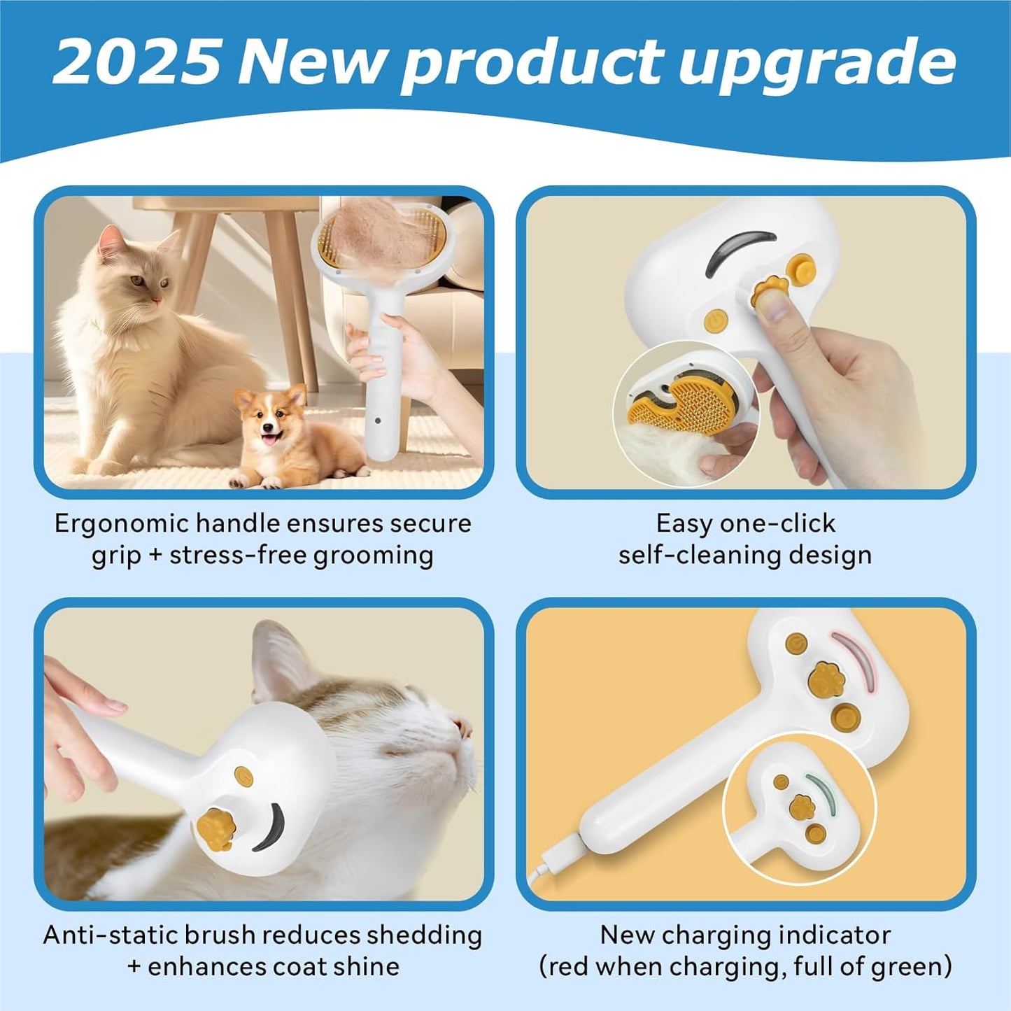 4-in-1 Pet Steam Brush for Dog & cat brush for shedding，Spray Hair Removal Comb with Waterless Shampoo–Self-Cleaning Pet Grooming Tool for Shedding, Anti-Static & Skin-Friendly Design