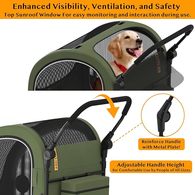 PAWZIDEA Dog Stroller for Large Dogs, Collapsible Pet Stroller with Detachable Carrier, Portable Dog Crate for Car Seat, Adjustable Handle, All-Terrain 9” Wheels, Ideal for Travel & Outdoor Adventures