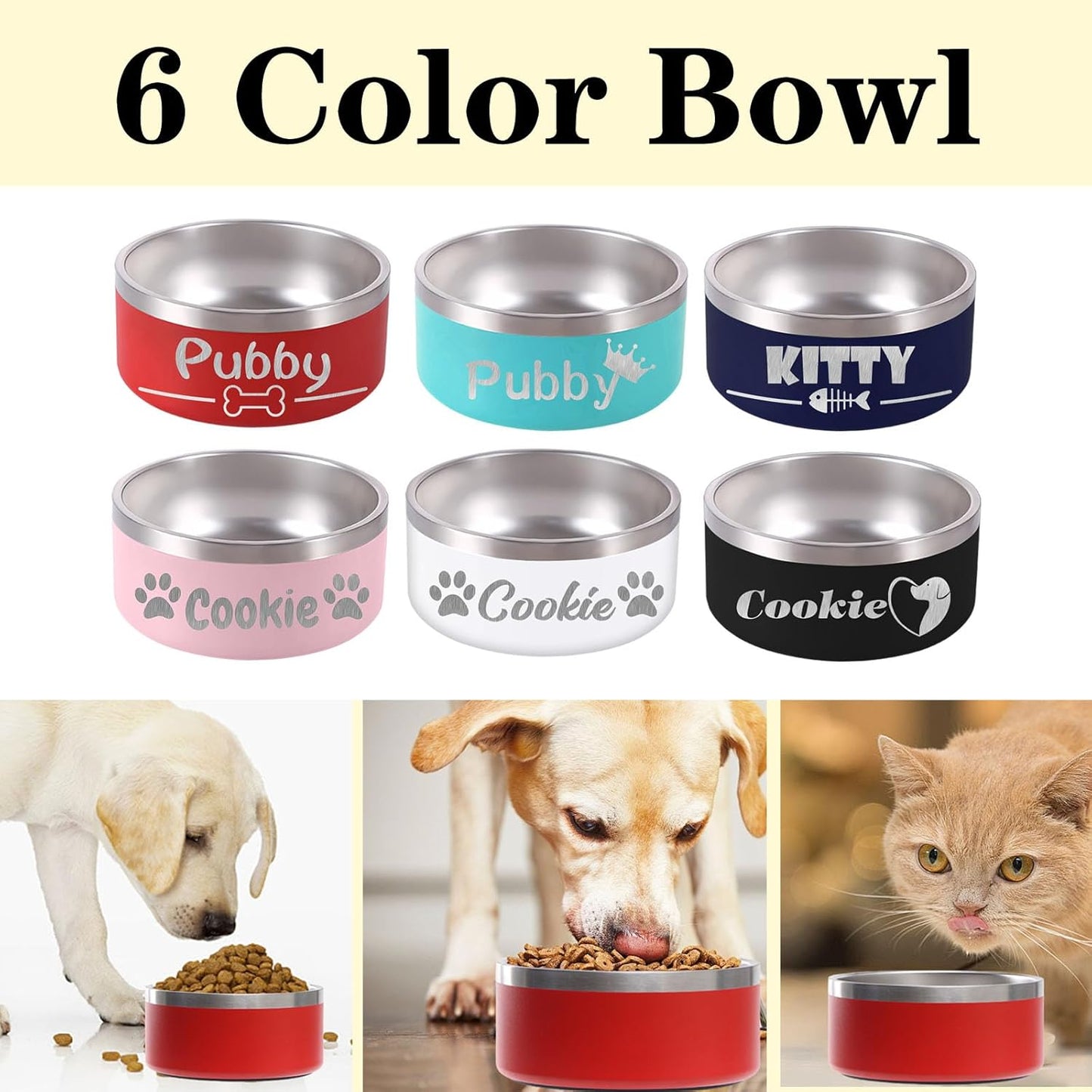 Personalized Dog Bowl Laser Engraved Custom Pet Name 18/32/42/64 oz No Slip Stainless Steel Insulated Bite-Resistant Food Water Dishes-Pink