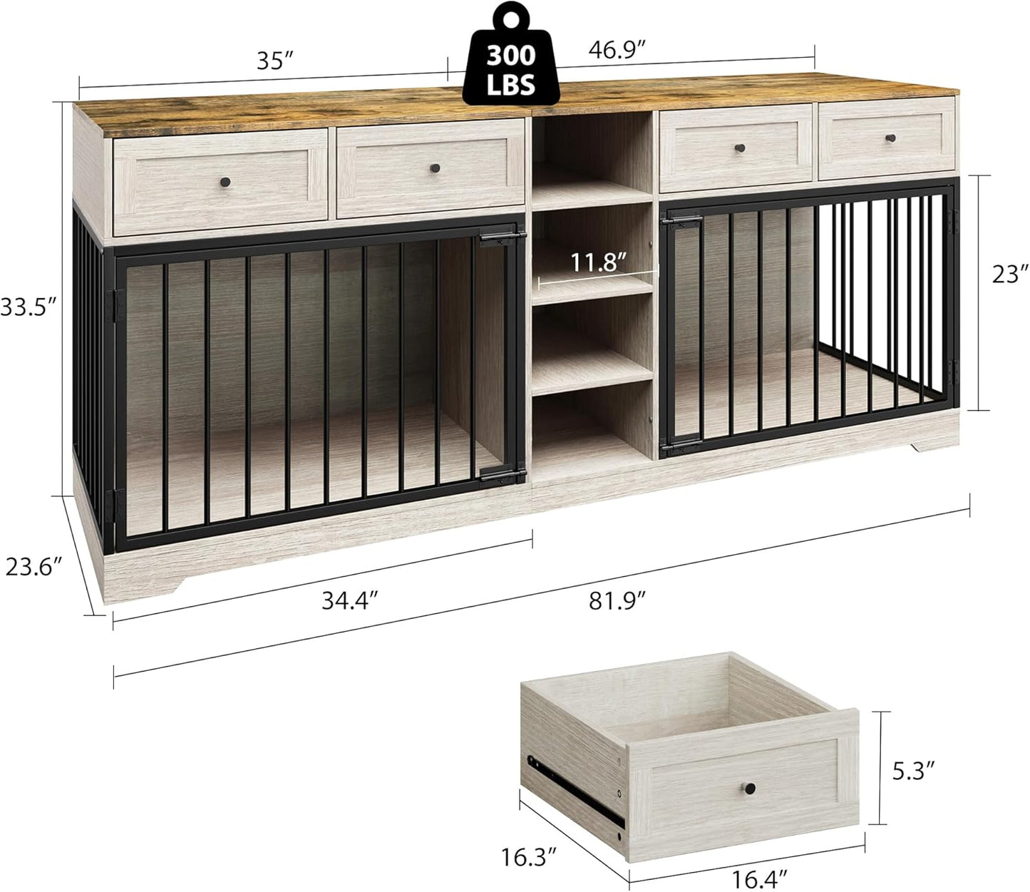 GarveeHome 82" Double Dog Crate Furniture, Large Dog Kennel Indoor for 2 Dogs, Heavy Duty Wooden Dog Crate TV Stand with 4 Drawers and Shelves, Washed White