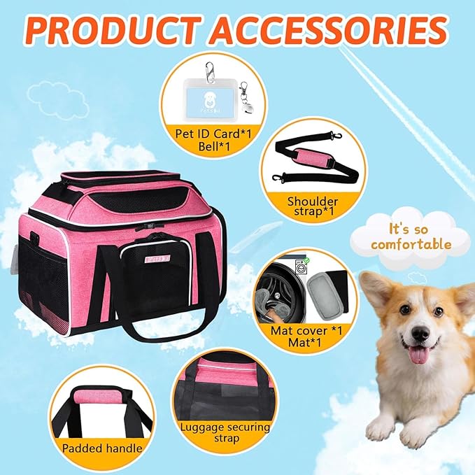 Petskd Top-Expandable Pet Carrier 17x12x8.5 Inches JetBlue Allegiant Spirit Airline Approved, Soft-Sided Carrier for Small Cats and Dogs with Locking Safety Zippers and Anti-Scratch Mesh(Pink)
