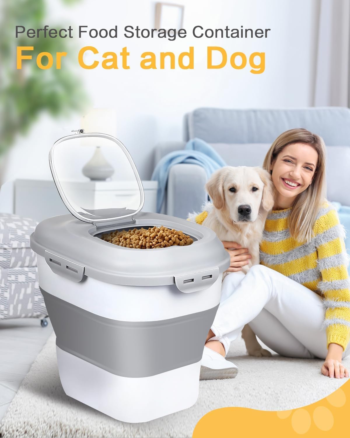 ANVS Dog Food Storage Container - Collapsible Dog Food Container with Airtight Lids, Scoop and 2.5L Small Pet Food Storage Container Dry Food For Dog, Cat and Other Pet Food (Grey, 30lbs)