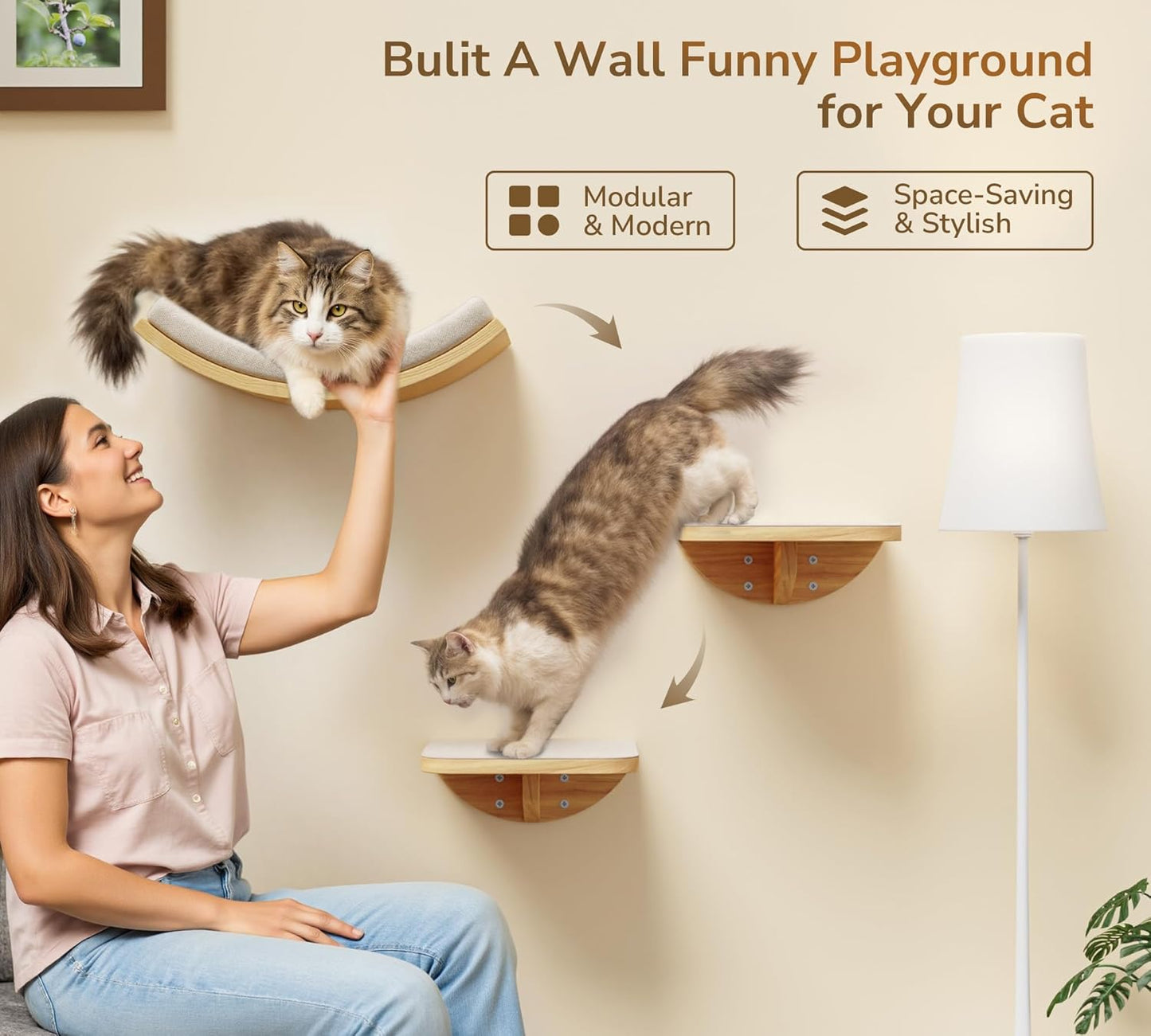 Wood Cat Wall Shelf with Soft Foam Cushion, Curved Cats Wall Bed for Large Cats, Floating Cat Perch for Sleeping & Climbing