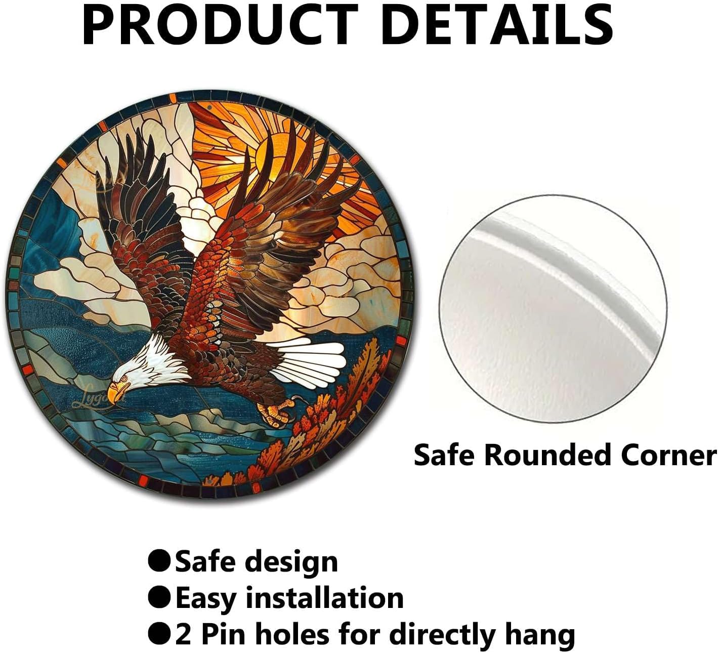 Lygond Metal Sign Tin Sign Circular Stained Glass American Bald Eagle Bathroom Signs for Home for Garden 12×12 Inches