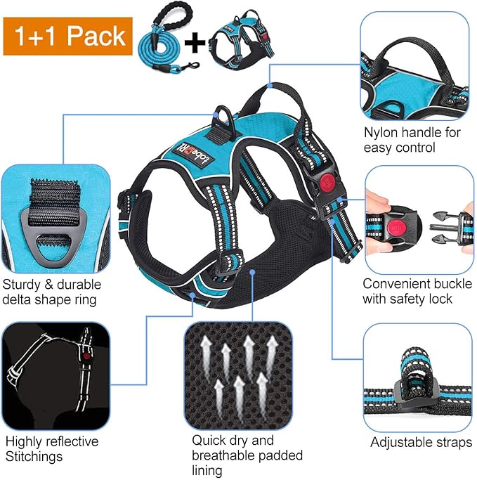 No Pull Dog Harness Adjustable Reflective Oxford Easy Control Medium Large Dog Harness with A Free Heavy Duty 5ft Dog Leash (L (Neck: 18"-25.5", Chest: 24.5"-33"), Blue Harness+Leash)