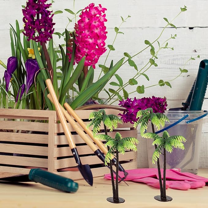 Plastic mini Palm Tree, Green Palm Tree Coconuts Topper Scale Scenery Miniature Figurines Micro Aquarium Plant Building Model Landscape