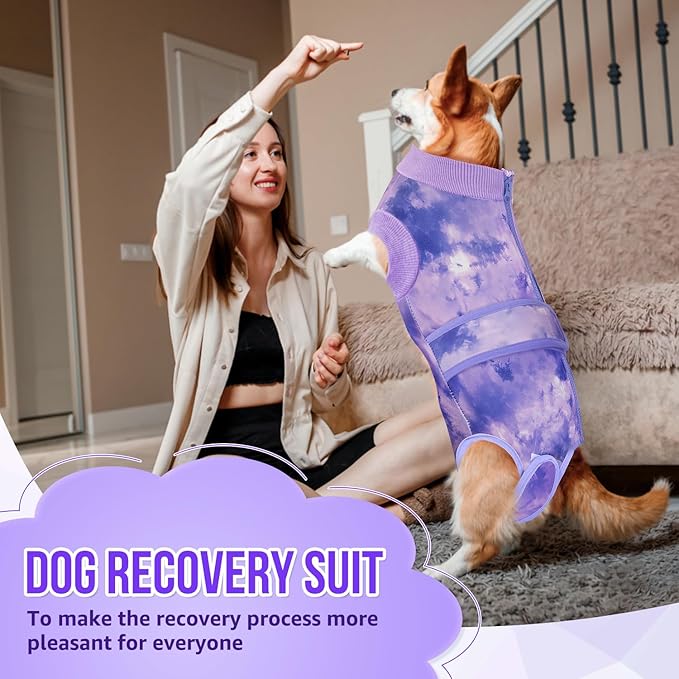 Lukovee Recovery Suit for Dogs, Zipper On Recovery Suit for Female Male Dog, Onesie Abdominal Wounds Cone E-Collar Alternative Prevent Licking Spay Recovery Suit (XX-Large, Purple Tie-dye)