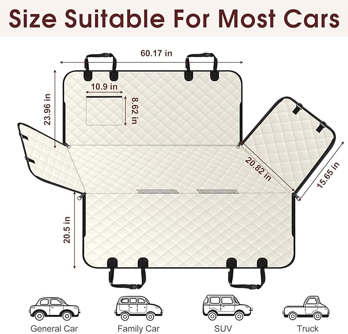 Dog Car Seat Cover, Durable Waterproof Scratch Proof Nonslip Dog Hammock, Pet Back Seat Covers with Pocket for Cars SUVs and Trucks - L, Beige/Black