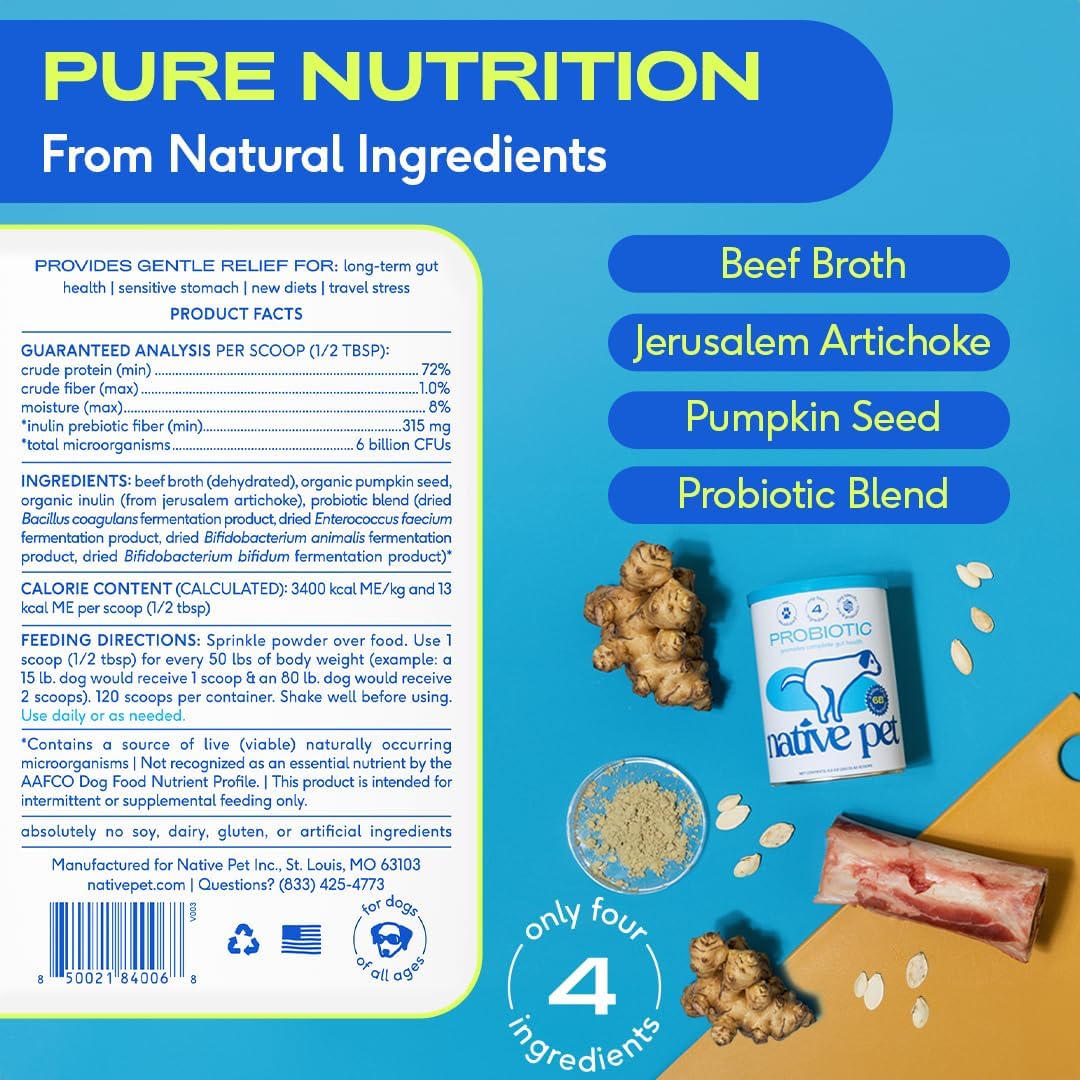 Native Pet Probiotics for Dogs - Dog Probiotics Powder for Digestive Health, Gut Support, & Immune Boost – Vet-Formulated Powder for Maximum Potency with Digestive Enzymes & Prebiotics - 60 Scoops