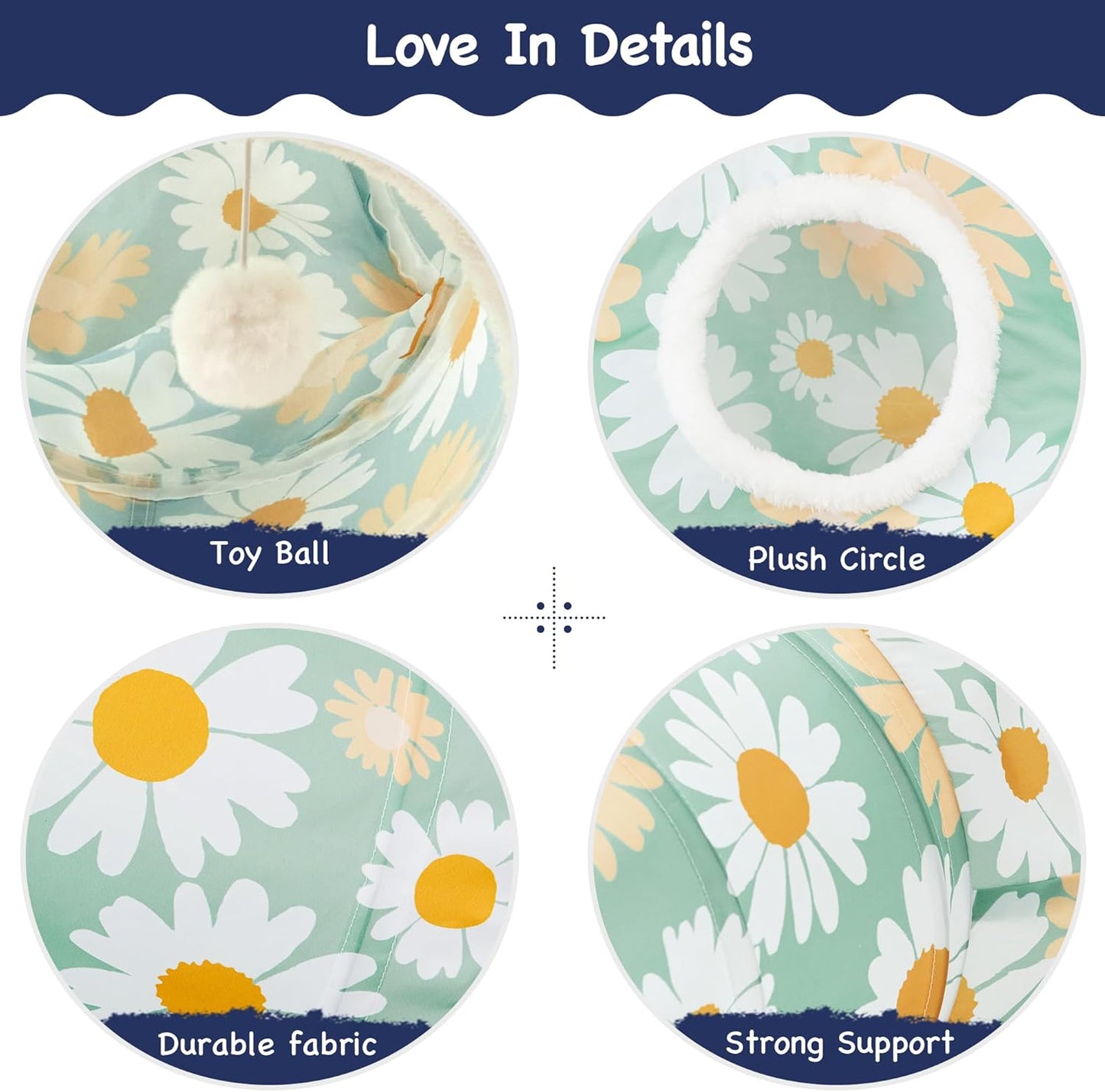 Tempcore Pet Cat Tunnel Tube Cat Toys 3 Way Collapsible, Cat Tunnels for Indoor Cats，Kitty Tunnel Bored Pet Toys Peek Hole Toy Ball Puppy, Kitty, Kitten, Rabbit Daisy Green Printed