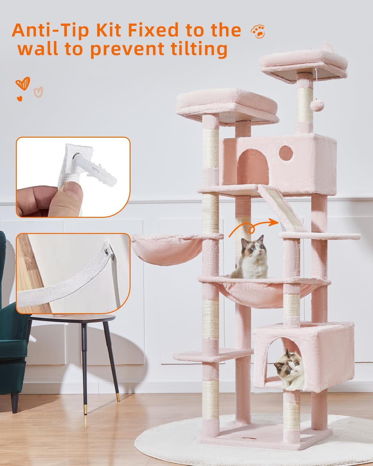 Taoqimiao Cat Tree 71-Inch, Cat Tower for Indoor Cats Large Adult, Multi-Level Large Cat Condo, 8 Sisal Scratching Posts, Metal Frame Cozy Hammock, Scratch Board, 2 Top Perches, Jelly Pink MS026LP
