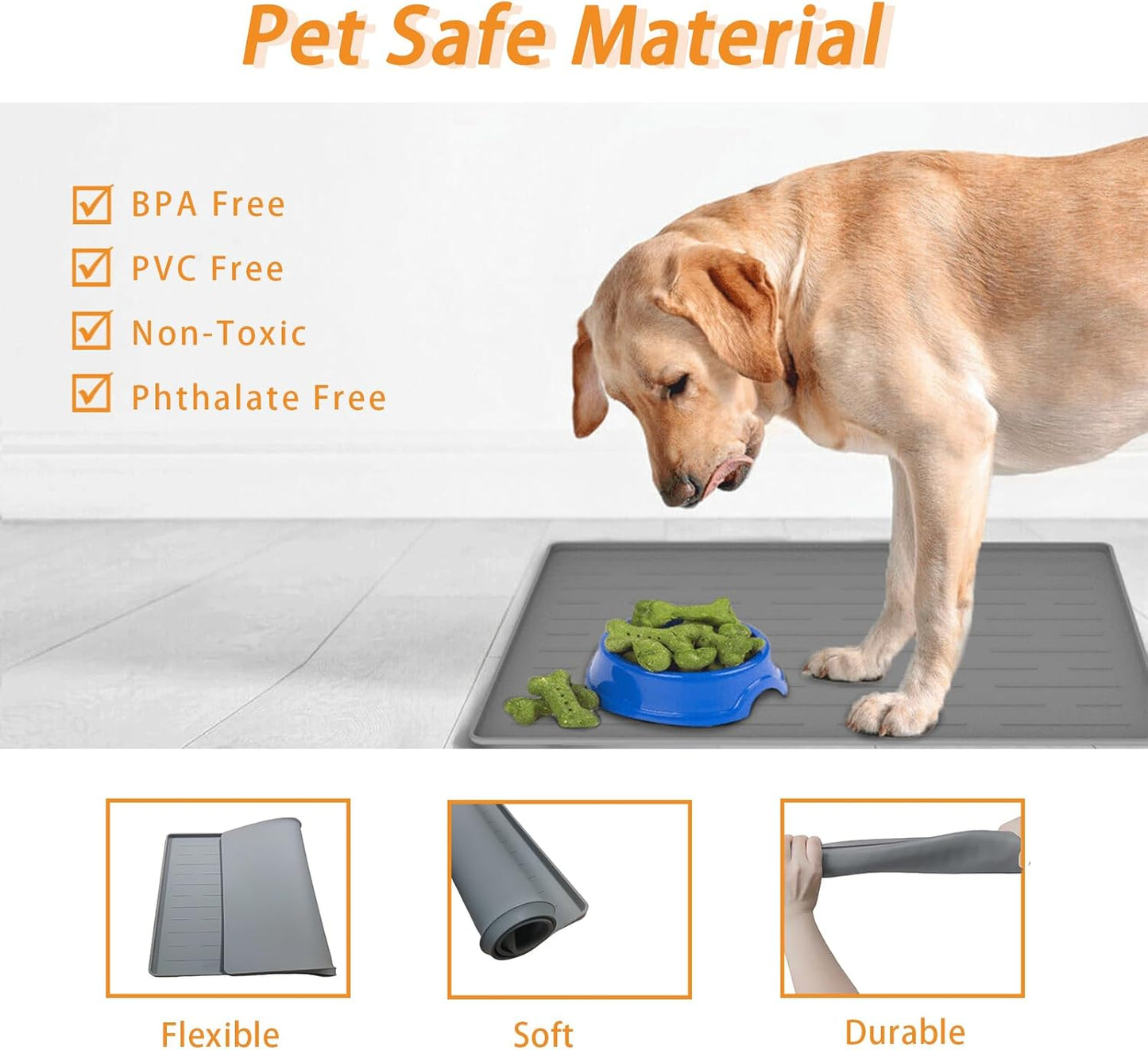 24" x 16" Dog Food Mat, Silicone Pet Mats for Food and Water, Nonslip Pet Feeding Mats for Floors, Dog Cat Bowl Mat with Raised Edges, Black