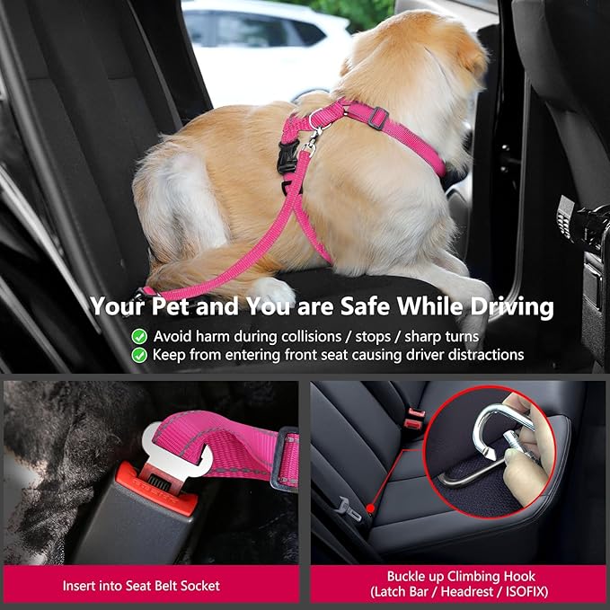 Dog Seat Belt Harness for Car, Dog Car Harness Adjustable Mesh Breathable & Dogs Seatbelt Safety Tether with Elastic Bungee for Small Medium Large Pets(Rose, S)