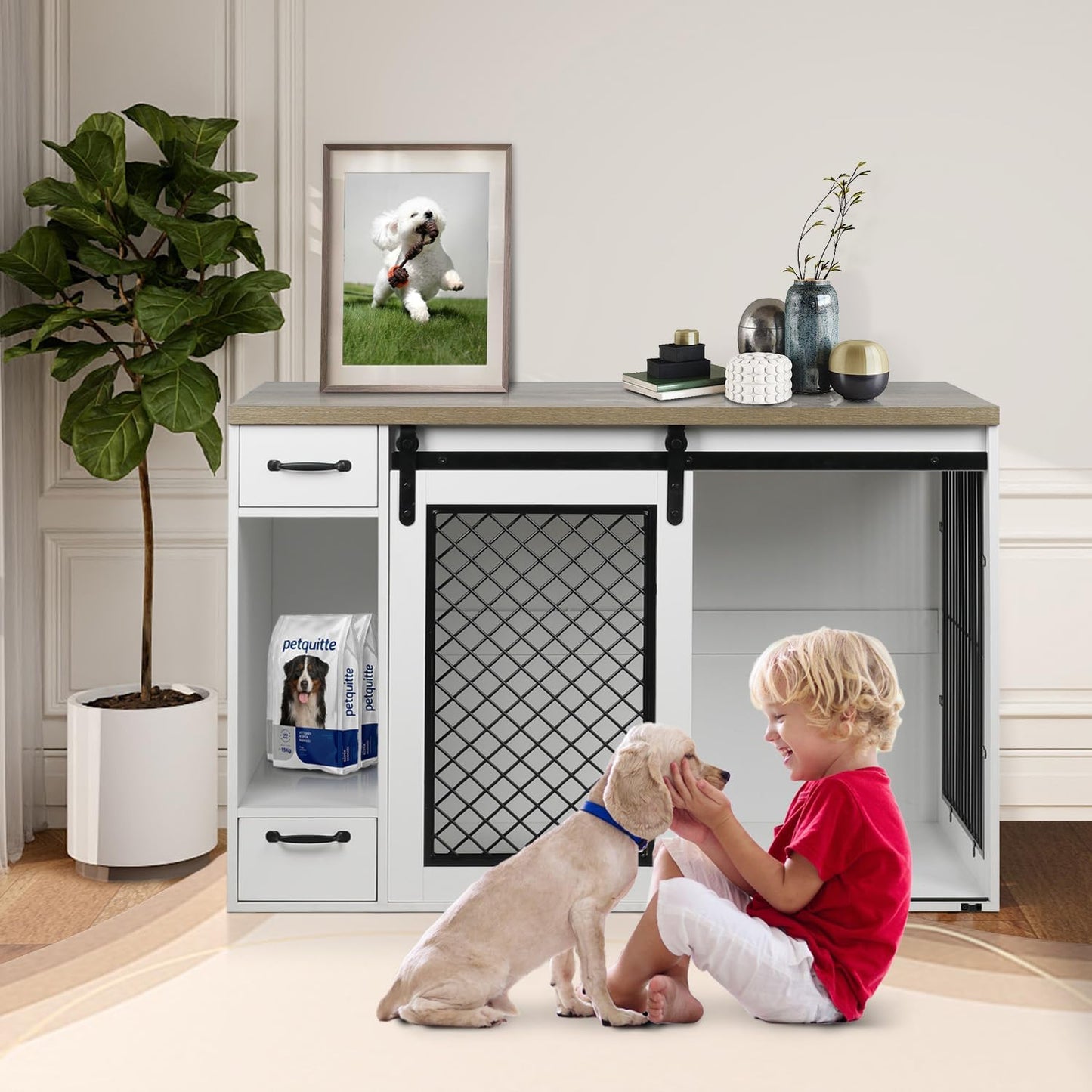 Large Dog Crate, Dog Crates for Medium Dogs, 47.2" Dog Kennel Indoor with Drawers, Feeder Bowls and Storage, 2 Sliding Doors, Heavy Duty Dog Crate Farmhouse Modern Side End Table for Small Medium Dogs