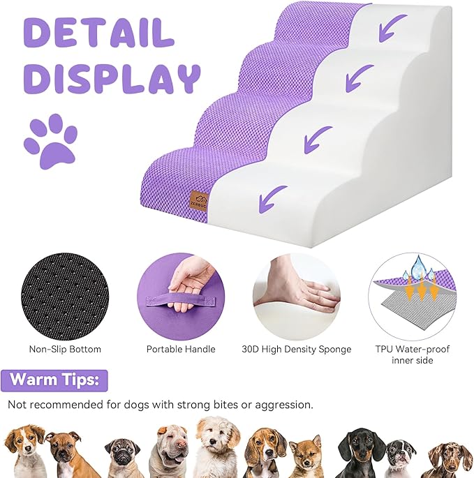 Dog Ramp and Stair for Bed 16" H-20 H,3-Step Cat Stair for Sofa and Chair,4-Step Dog Ramp for High Bed and Window,Durable Nonslip Fabric Cover for Indoor (Purple-20 H, Pet Friendly, 4)