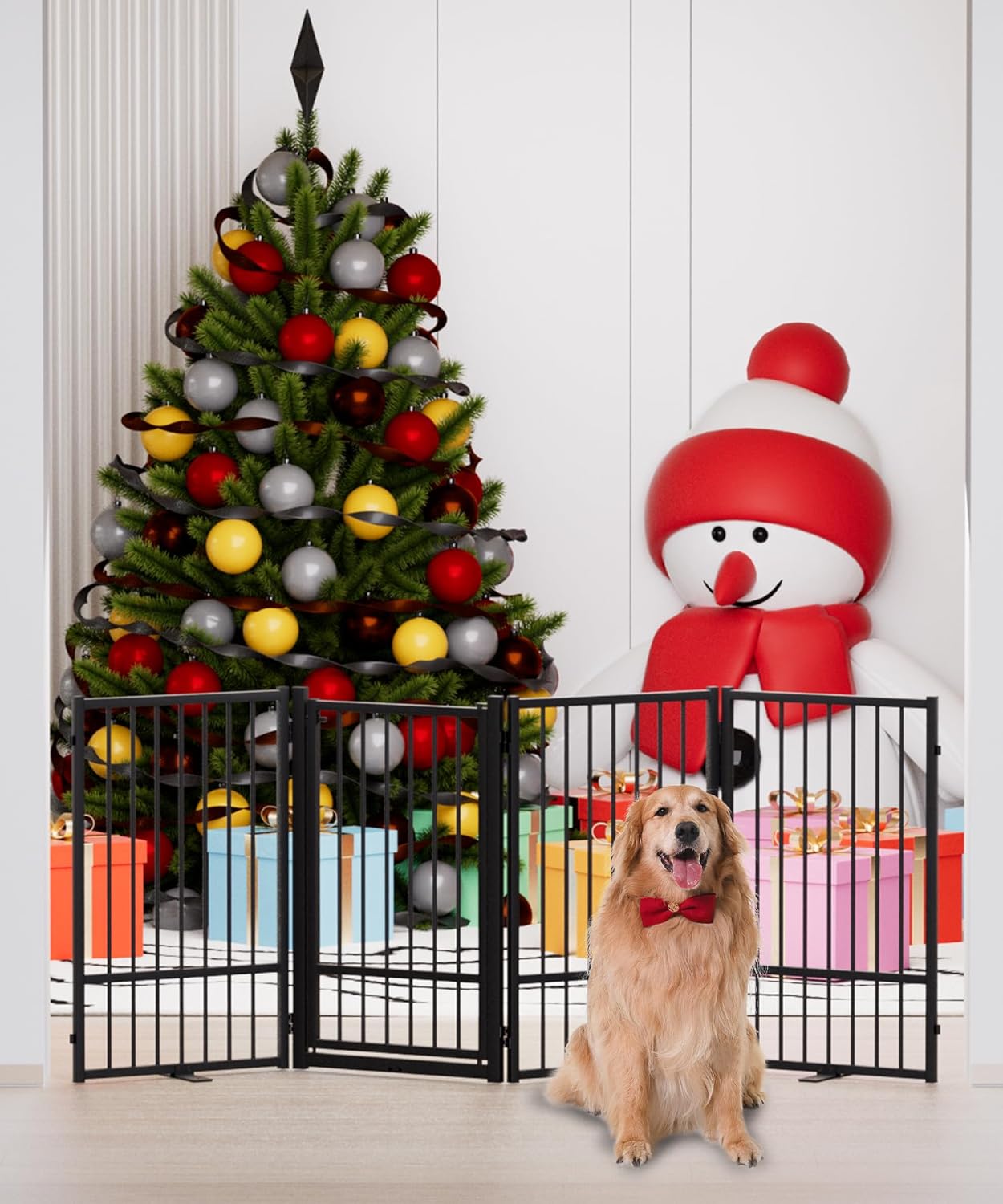 Full Metal Freestanding Dog Gate with Door, 32''Height Foldable Pet Dog Fence for Indoor & Outdoor, 4 Panels Extra Wide Free Standing TallDog Gates for Doorways,House,Stairs,Porch,Deck,Yard