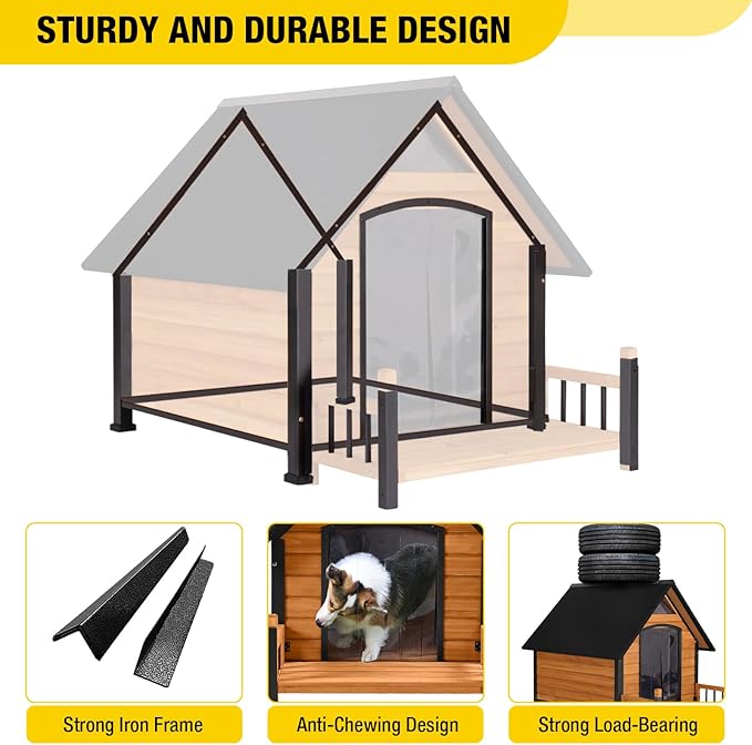 Outdoor Dog House with All-Around Insulated Liner Weatherproof Puppy Shelter Indoor Dog Kennel, Anti-Bite Dog Home for Large Breed with Porch (Brown, Large)
