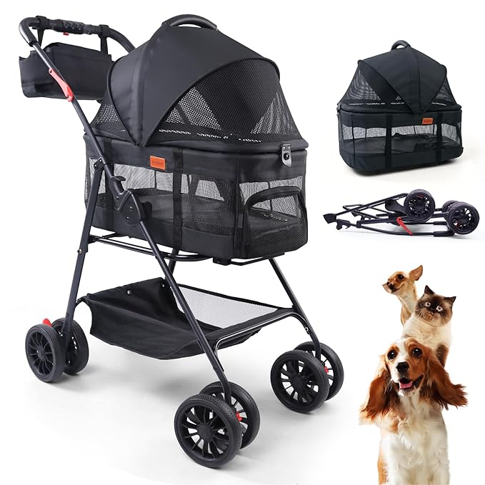 Pet Stroller for Small Dogs Cats with Wheels, Detachable Carrier, Max Load 33 lbs, Easy Folding, Compact Portable, Dog Carriage Cart Car Seat 3 in 1