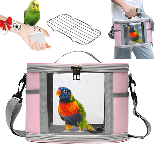 Bird Travel Carrierm, Small Bird Travel Backpack Carrier Cage with Tray and Breathable Clear Window, for Parakeet Cockatiel Budgies, for Camping Hiking (Small-Pink)