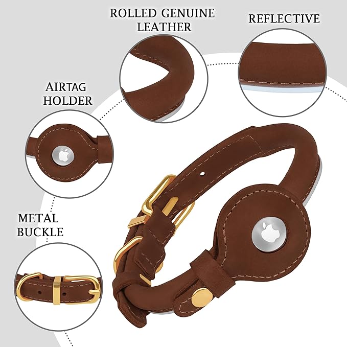 OOPSDOGGY Rolled Leather Dog Collar with Airtag Holder - Reflective Round Airtag Dog Collar - Soft Tracking Pet Collar for Small Dogs Puppy Cats Kitten (Brown, M, 12"-15")