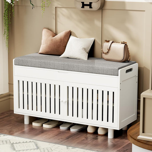 Storage Bench, Bamboo Shoe Bench with Padded Seat Cushion & 2 Doors, 2-Tier Entryway Bench with Lift Top Hidden Storage, 35.4" W x 12.6" D x 19.7" H, Shoe Rack Cabinet for Entryway, Living Room, White