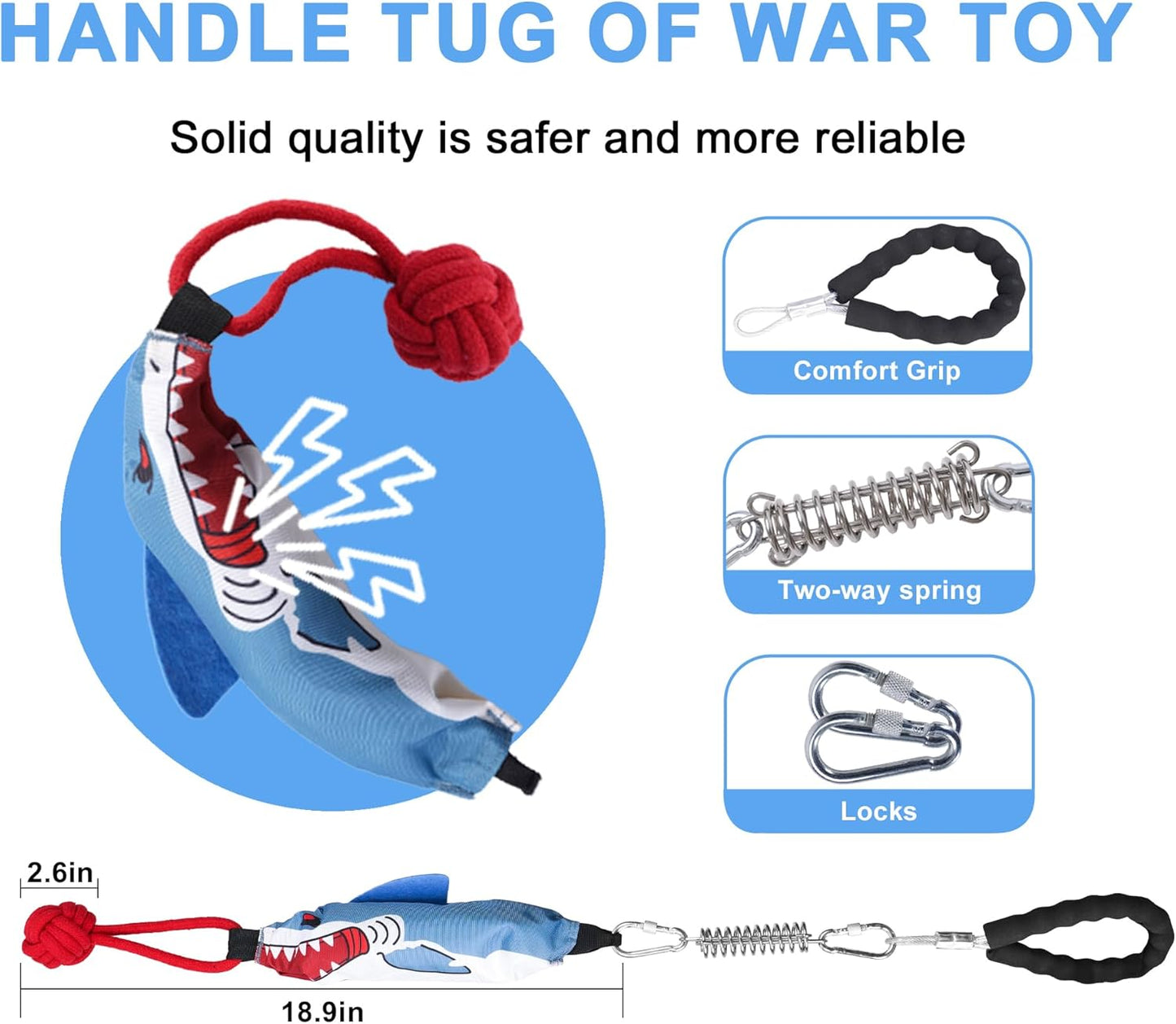 Dog Tree Tug of War Toy with Handles,Tethered Tug of War Outdoor Toy with Squeaky Self Play for Aggressive Chewers, Durable Bungee Cord with Chew Ball