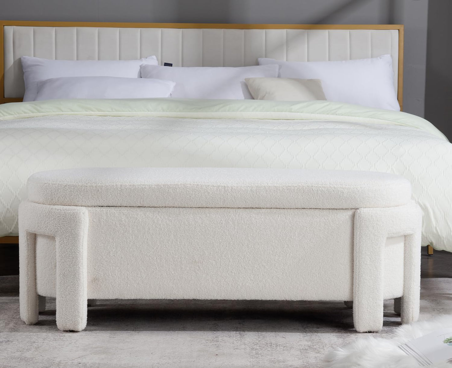 Kmax 50" Storage Ottoman Bench Modern Faux Fur Boucle Entryway Bench Comfy Upholstered End of Bed Bench for Hallway Entrance Bedroom Corner, White
