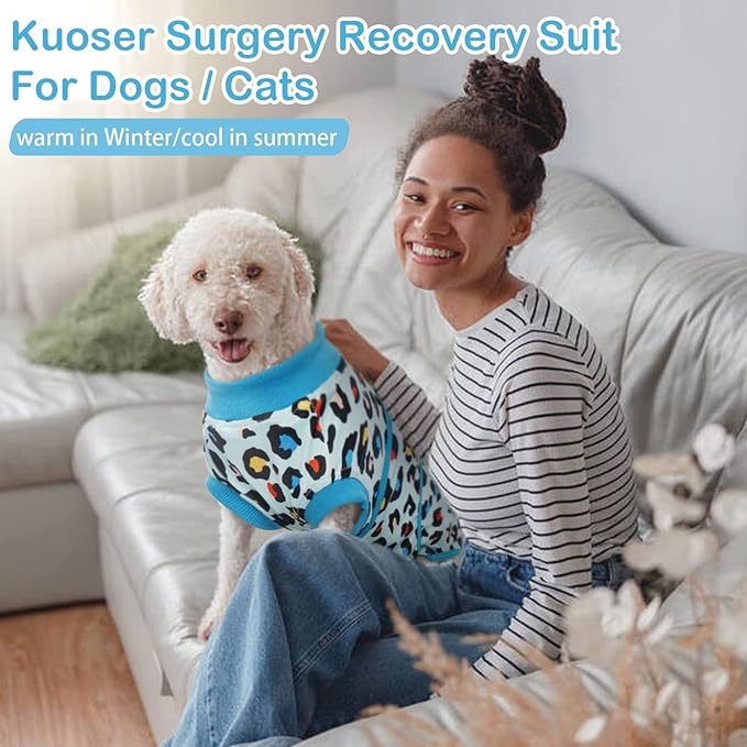 Kuoser Dog Recovery Suit for Dogs After Surgery,Professional Surgical Onesie for Female Male Dogs Spay Neuter,Soft Dog Surgery Suit Bodysuit for Abdominal Wounds Skin Disease,Blue Leopard L