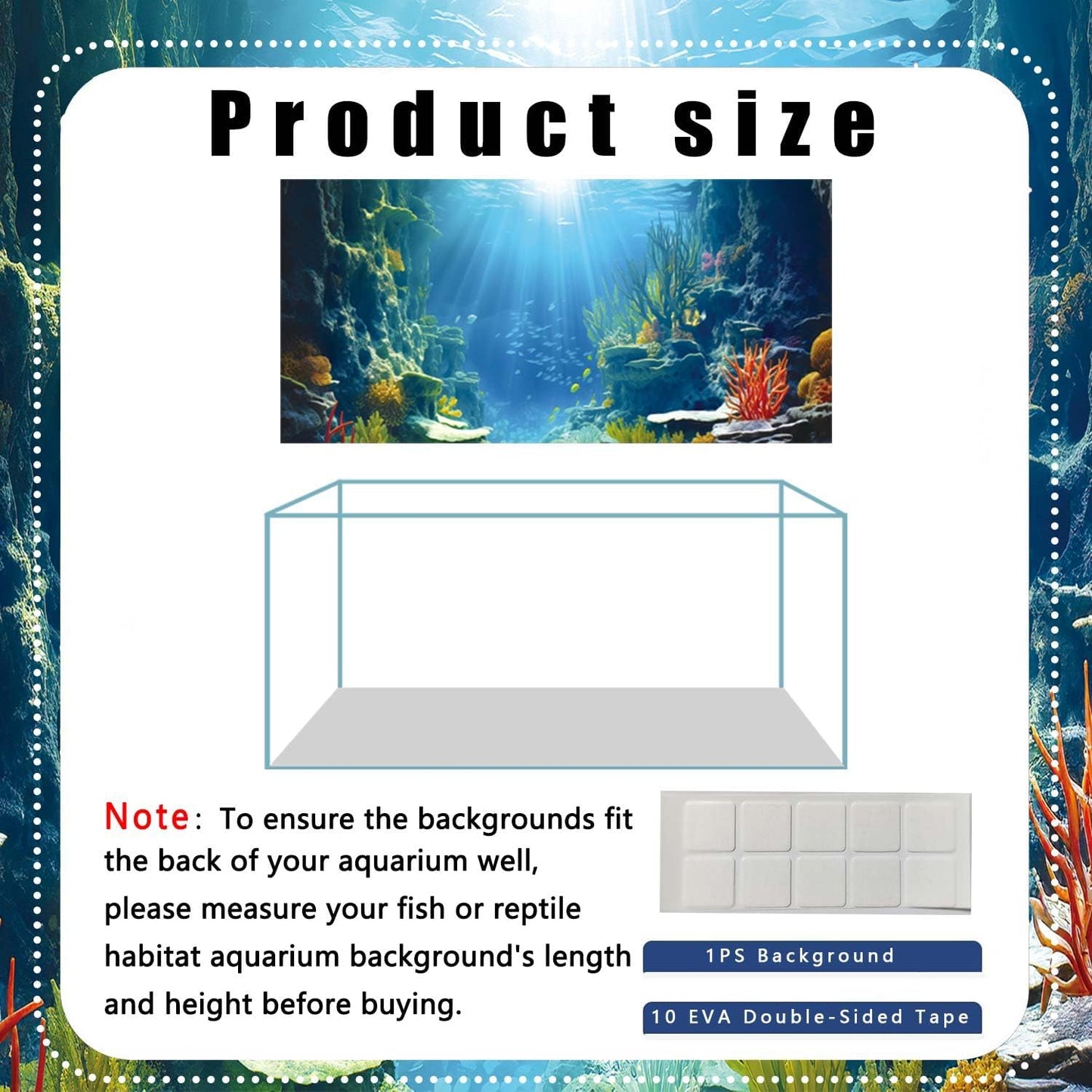 36X20IN Blue Sea Floor Aquarium Background, Natural Underwater World 3D Effect Fish Tank Decorations Background, Art Terrarium Background with 8 EVA Double-Sided Tape