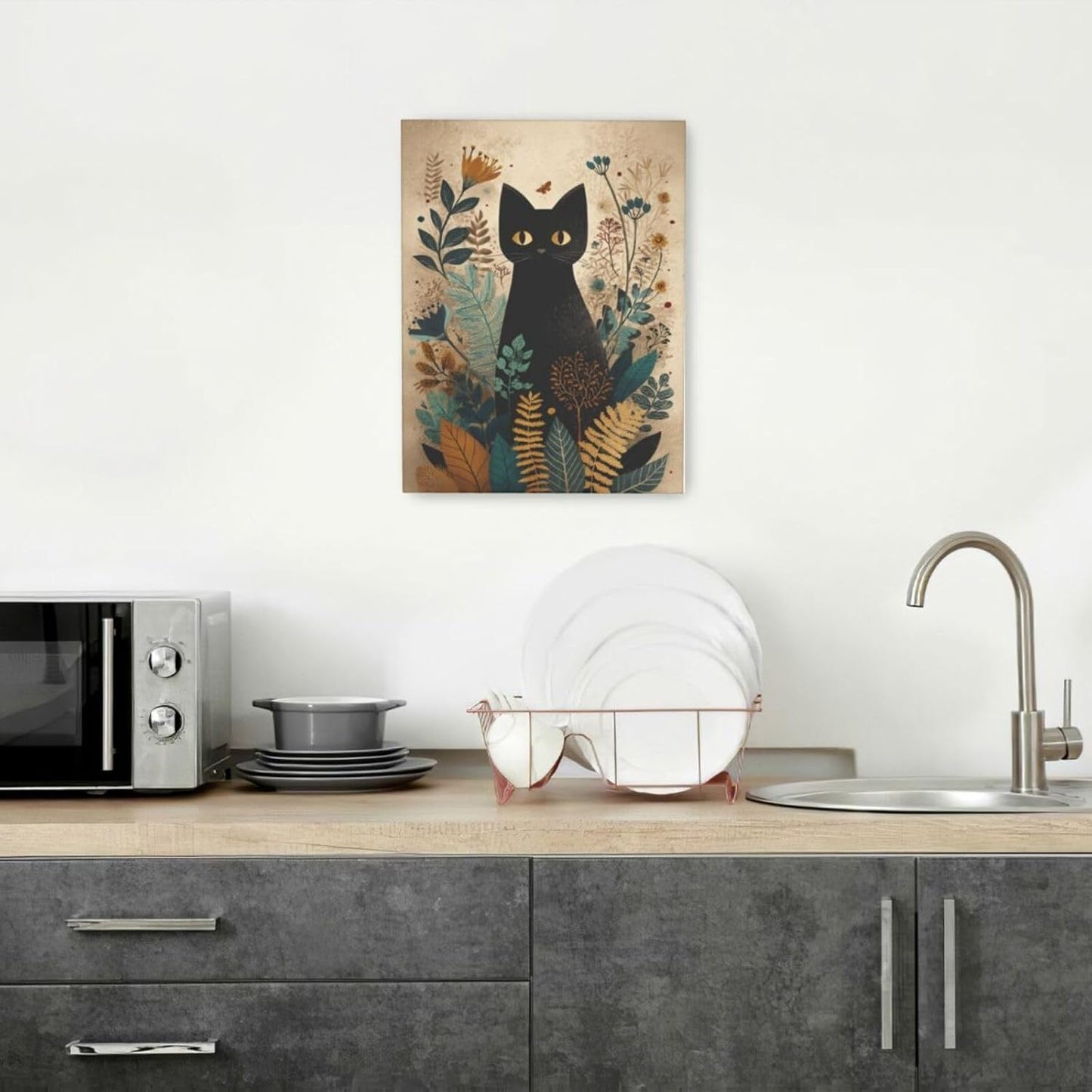 Boho Black Cat Wall Art Kitten Botanical Wall Decor Mid Century Modern Canvas Painting Print Minimalist Pictures Artwork Framed Decorations Gifts for Cat Lover Bathroom Nursery Living Room Bedroom Kitchen 12"x16"