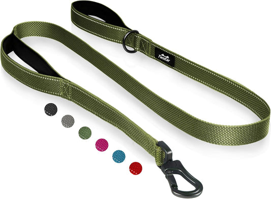 TwoEar 4FT 1IN Strong Green Dog Leash with 2 Padded Handles, Traffic Handle Extra Control, Comfortable Soft Dual Handle, Auto Lock Hook, Reflective Walking Lead for Small Medium and Large Dogs