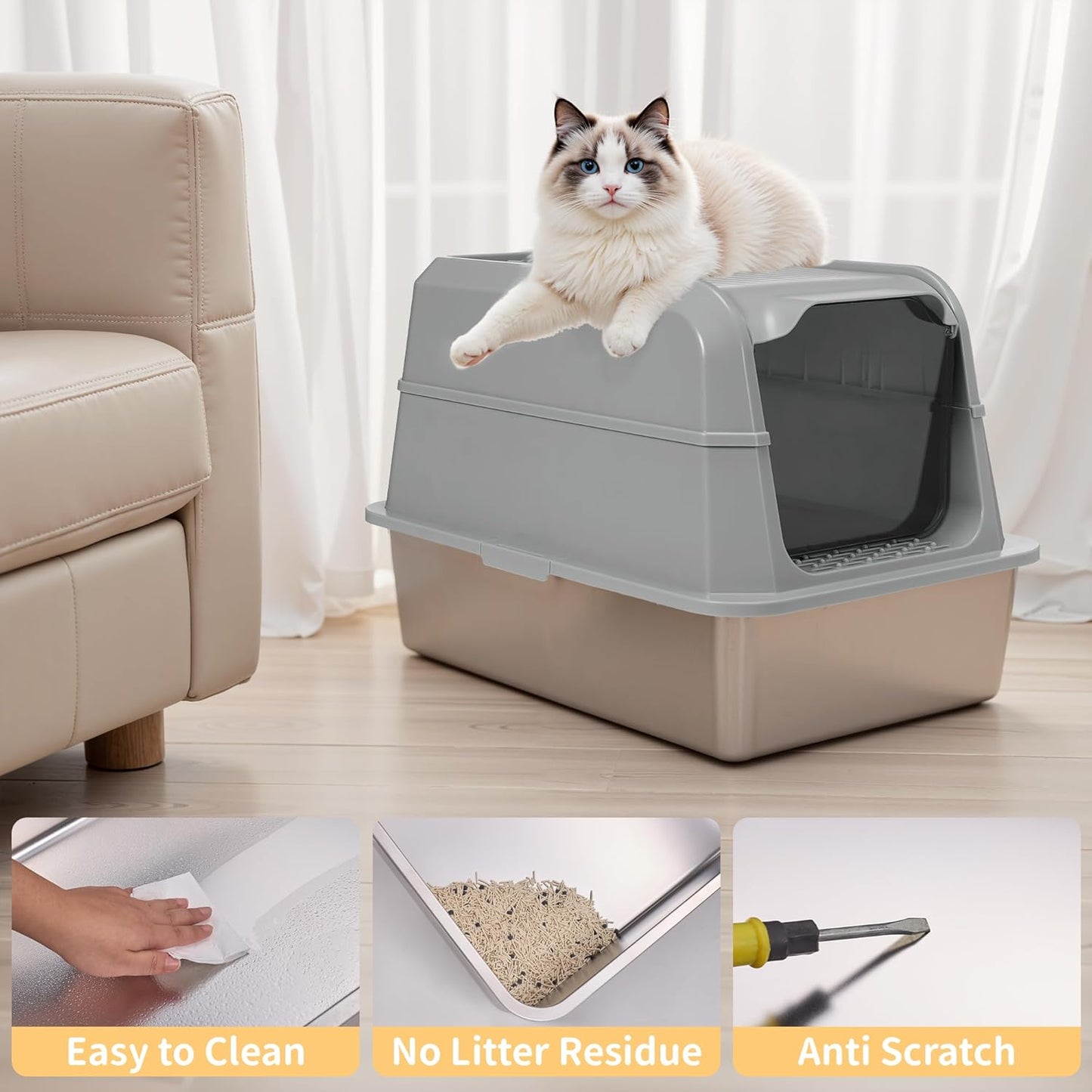 Stainless Steel Litter Box with Lid, XL Extra Large Cat Litter Box, Enclosed Metal Litter Pan with High Sided Enclosure & Scoop, Anti Leakage, Easy to Clean, Odor Control(Grey)