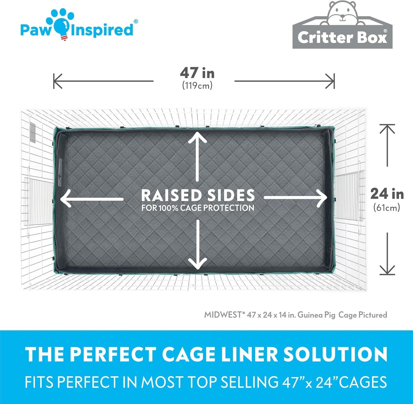 Paw Inspired Critter Box Washable Cage Liner, Reversible Fleece Bedding with Raised Sides for Guinea Pigs and Other Small Animals (Midwest, Gray/Green)