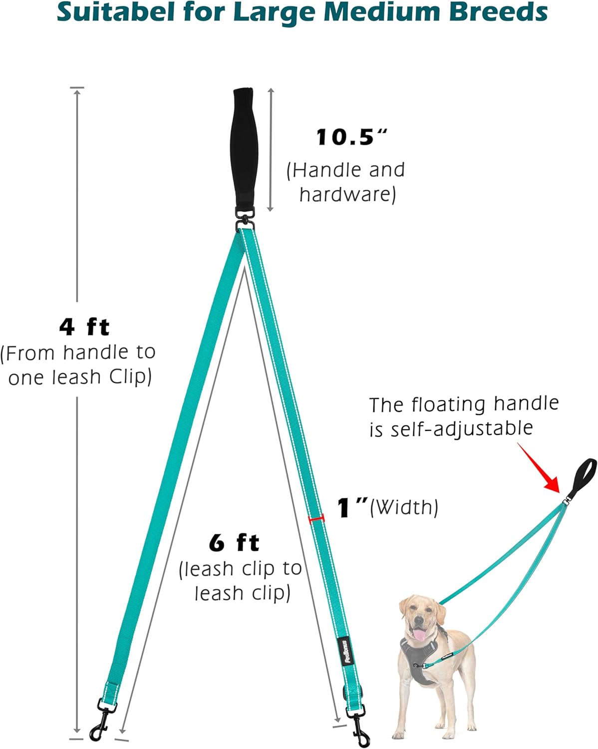 PetBonus Two Point Control Dog Leash, Works with No Pull Harnesses, No Tangle Dog Training Leashes, No Pull Padded and Reflective Walking Lead,Converts to Single Leash for Medium Large Dogs(Turquoise)