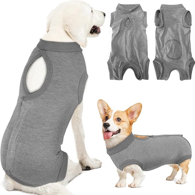 Lukovee Recovery Suit for Dogs, Onesie Surgery Recovery Suit for Female Male Dogs, Abdominal Wounds Cone E-Collar Alternative Prevent Licking Spay Recovery Suit (GY,XL)